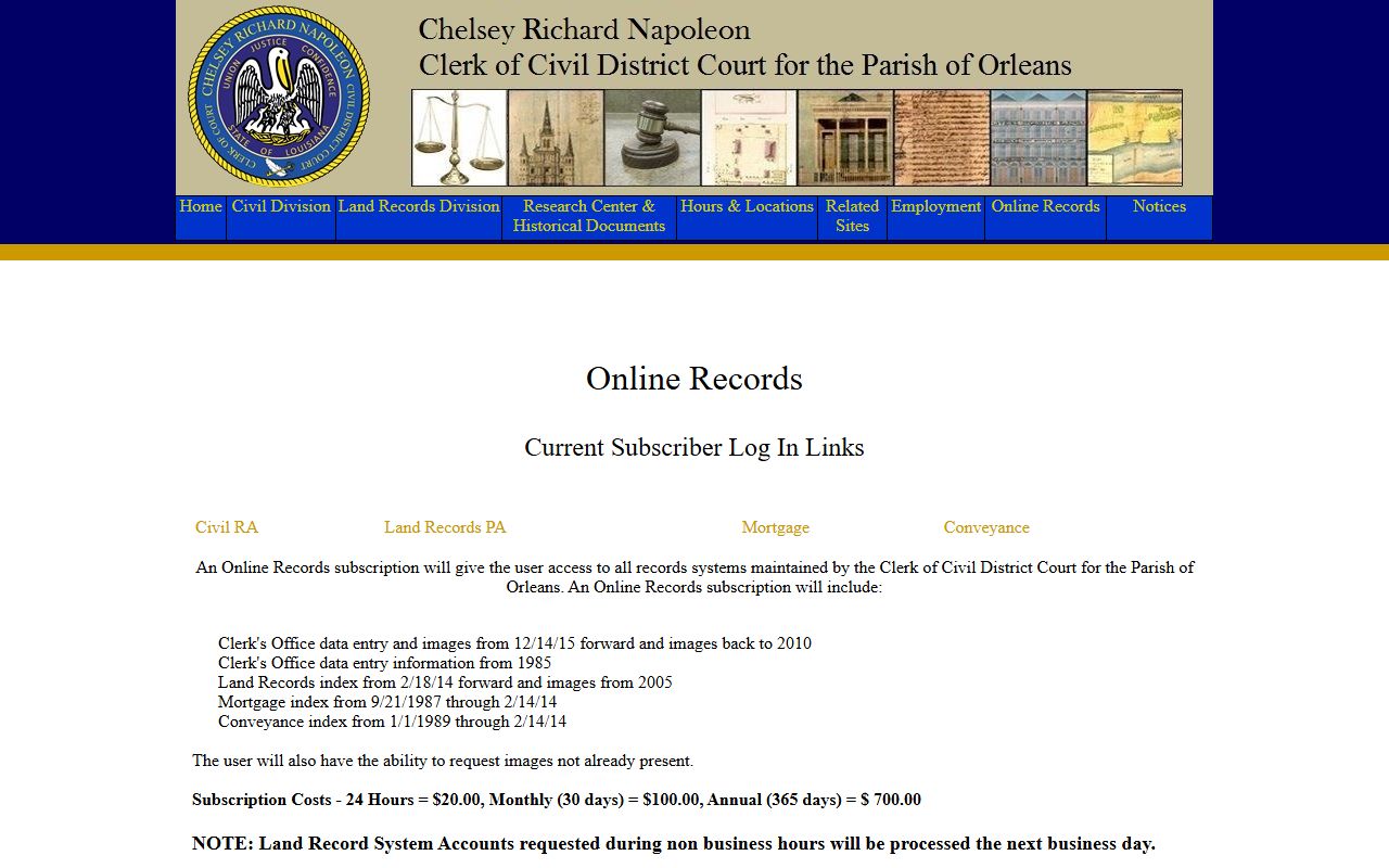 Orleans Parish civil clerk online court records access page
