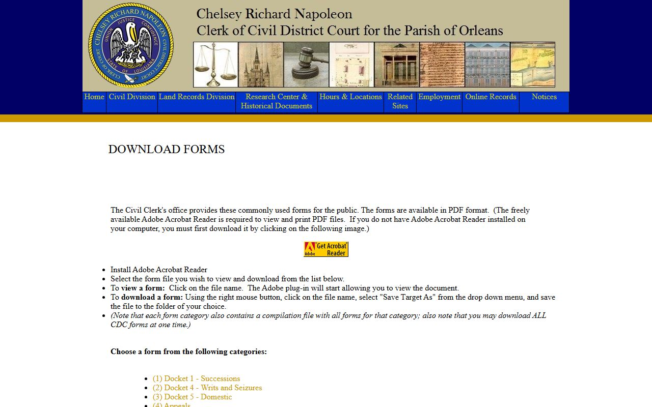 Orleans Parish Clerk of Court civil forms page