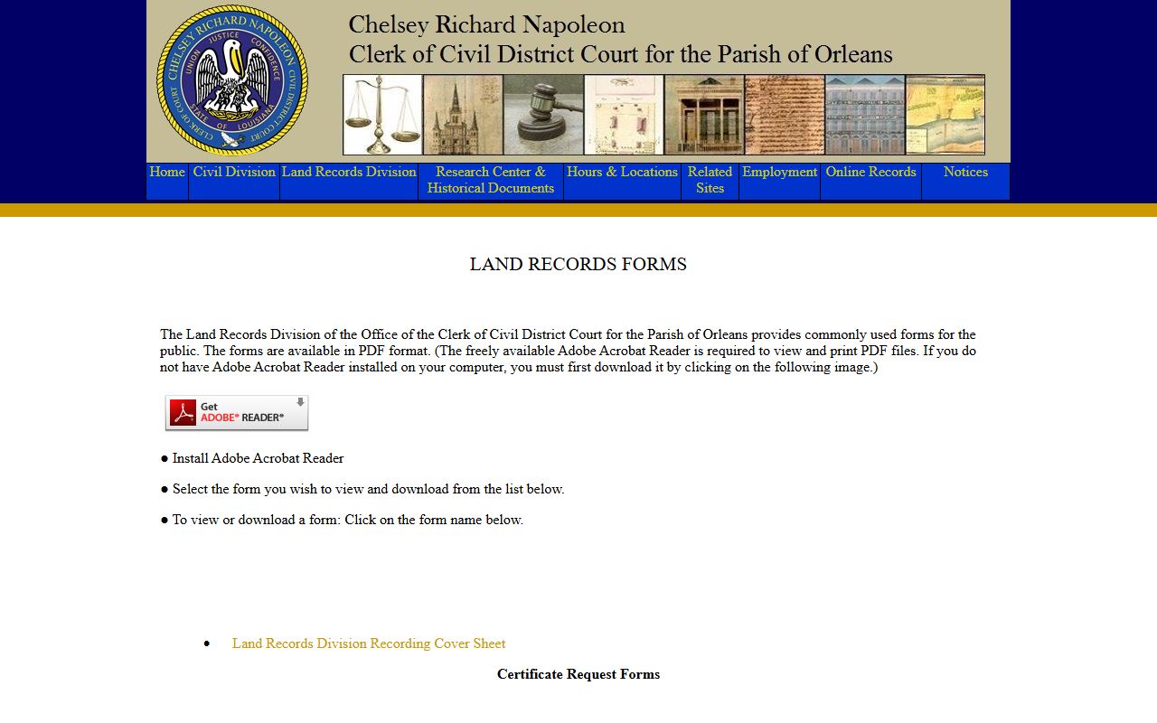 Orleans Parish Clerk of Court Land Records forms page