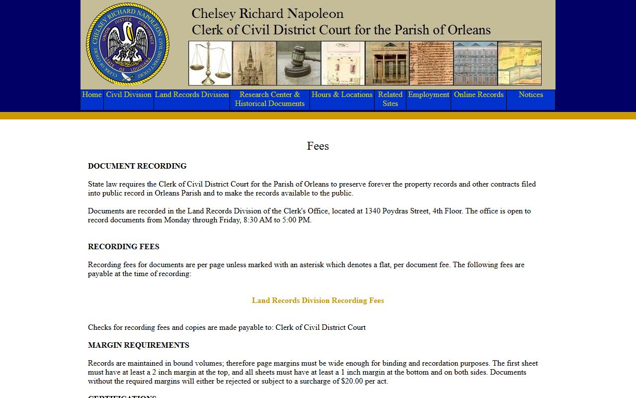 Orleans Parish Clerk of Court Land Records fee schedule