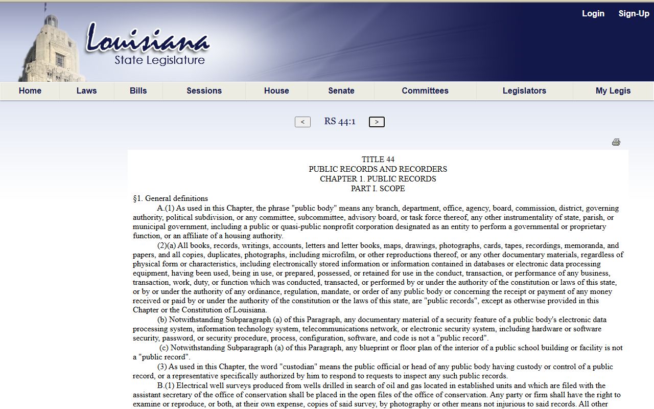 Orleans Parish public records definitions statute La. R.S. 44:1